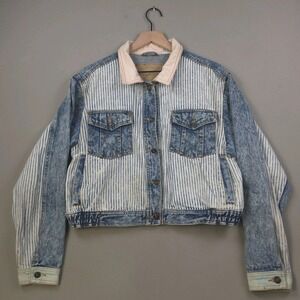 Vintage 80s East West Hickory Stripe Acid Wash Denim Trucker Jacket Womens Large